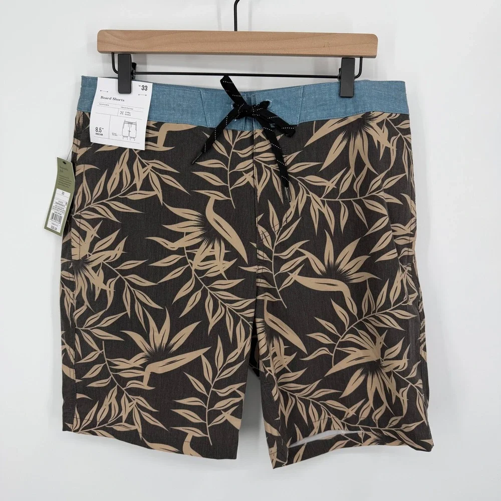 Goodfellow & Co Board Shorts Mens 33 Brown Leaf Print 4-Way Stretch Swim Trunks